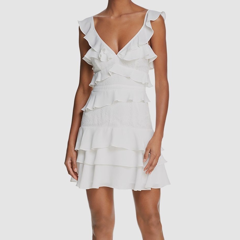 Bardot Babylon Ruffled Tiered Mini Dress with Lace Detailing